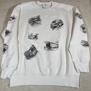Vintage Adult Large Covered Bridges All Over Print White Crewneck Sweatshirt